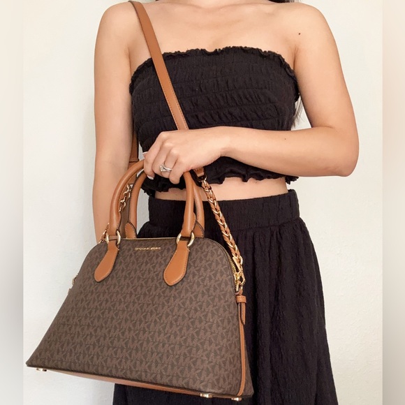 Michael Kors Veronica Medium Logo Dome Satchel Brown MK Signature Logo Acorn - Picture 4 of 8